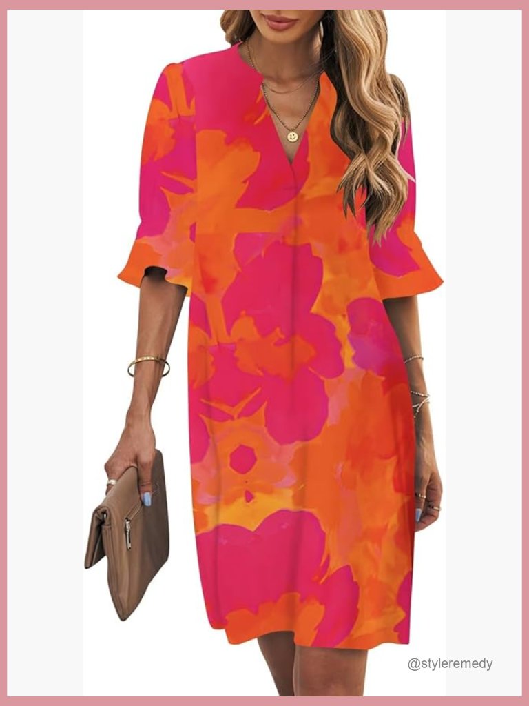 Polyester V-Neck Shift Dress Casual Flowy Summer Dress